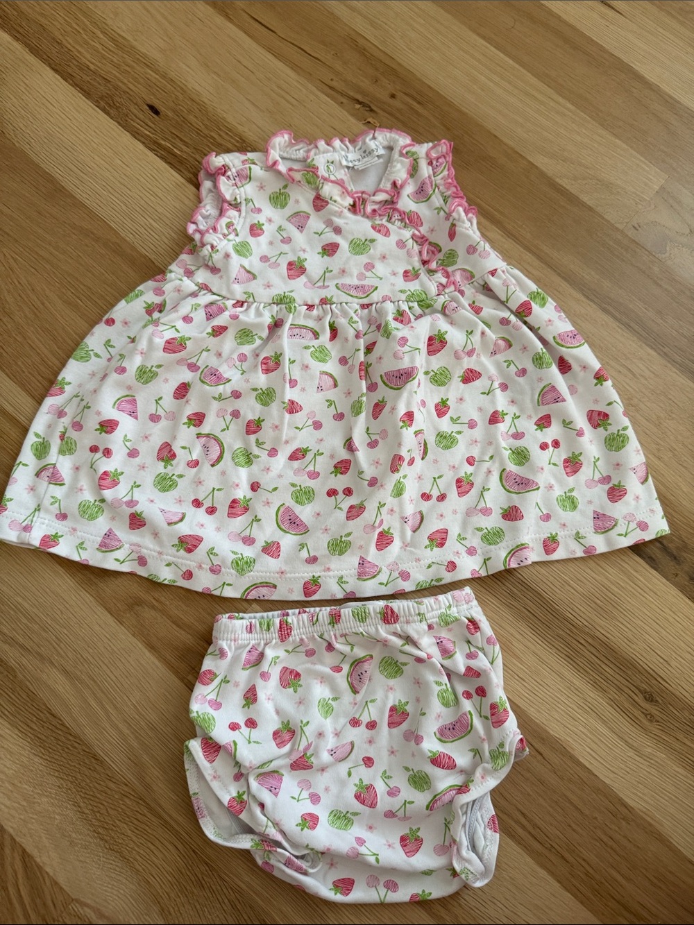 Kissy Kissy White Dress & Bloomers with Pink and Green Fruit Print